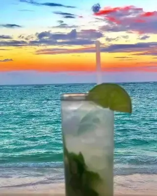 a drink with a lime slice in front of the ocean at beautiful beachfront complex with 2 pools, free wifi, free beach chairs in Punta Cana
