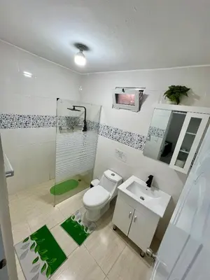 a bathroom with a toilet and a sink and a shower at Hotel Mi Dulce Amanecer PyR in Nagua