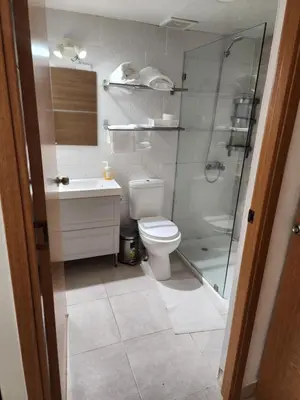 a bathroom with a toilet and a glass shower at Apartamento Riviera Colonial, Santo Domingo in Calero