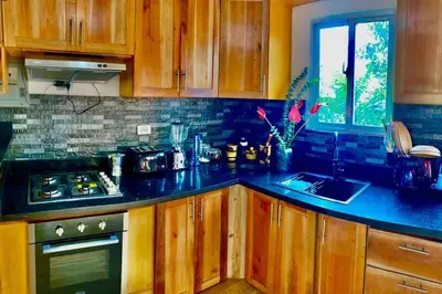 a kitchen with wooden cabinets and a black counter top at Villa Tortuga Constanza in Constanza