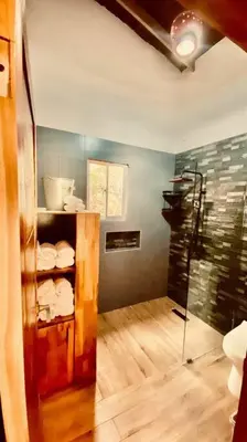 a bathroom with a glass shower in a room at Villa Tortuga Constanza in Constanza