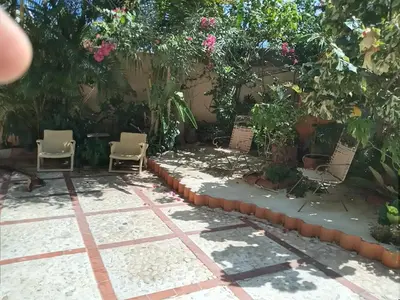 a patio with chairs and plants and flowers at Villa rozenuda in Boca Chica
