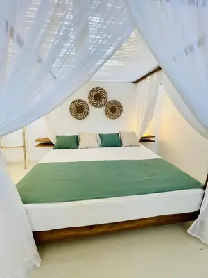 a bedroom with a white bed with white curtains at Leeloo Boutique Hotel in Las Terrenas