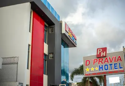 a hotel with a sign on the side of a building at Dpravia Hotel SRL in Baní