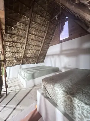 two beds in a thatched room with a window at Blue Beach Eco-Hotel by Sanfabini in Bayahibe