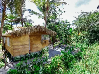 a small wooden house with a thatch roof at Mango House Camino laguna in Cabarete