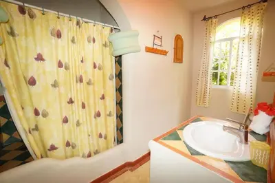 a bathroom with a sink and a shower curtain at Villa Playa Bonita, Pool, Tropical Gardens in Las Terrenas