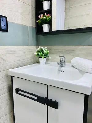 a bathroom with a sink and a mirror and flowers at Cómodo y completo en el Cacique in Bella Vista