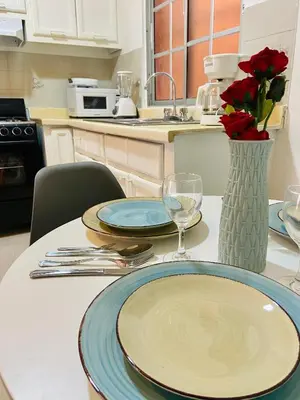 a table with two plates and a vase with red roses at Cómodo y completo en el Cacique in Bella Vista