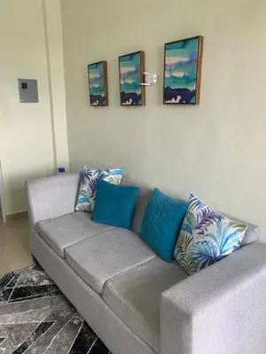 a living room with a gray couch with blue pillows at Mi lugar de descanso in Moca