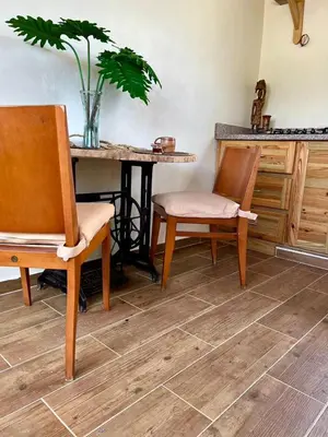 a dining room with two chairs and a table with a plant at El ATiCO ConstanzaRD in Constanza
