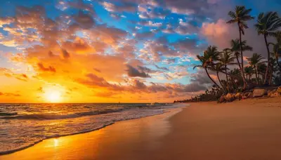 a sunset on a beach with palm trees and the ocean at Hotel NEON in Punta Cana