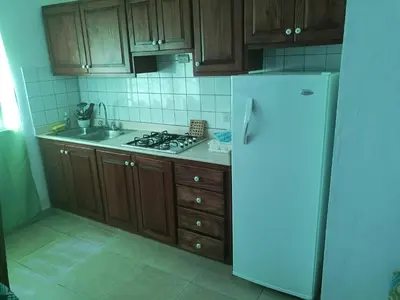 a kitchen with wooden cabinets and a white refrigerator at Tropical Caribe in Bayahibe