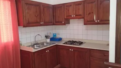 a kitchen with wooden cabinets and a sink at Tropical Caribe in Bayahibe