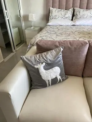 a couch with a pillow with a deer on it at Hermoso Aparta- Estudio Frente al Mar in Santo Domingo