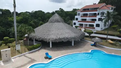 a resort with a large swimming pool and a straw umbrella at Aparta Hotel Monte Vista Sosua in Sosúa