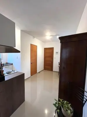 a large kitchen with wooden cabinets and a hallway at Cozy Apartment in Las Galeras in Las Galeras