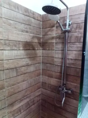 a bathroom with a shower with wooden tiles at Ocean Bliss in Sosúa