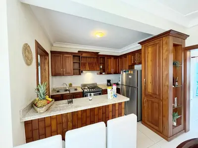 a kitchen with wooden cabinets and a stainless steel refrigerator at Tropical apartment 2 Bedroon in Los Corales in Punta Cana