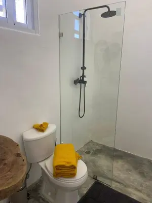 a bathroom with a toilet and a glass shower at Villa Mar En Dreams House - 4 Pax, 2 Min de La Playa in Las Galeras