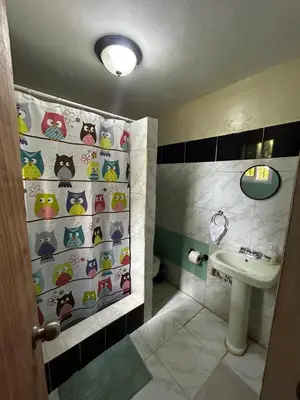 a bathroom with a shower curtain with animals on it at Casa Vista Mar, Los Patos, Barahona - 4x4 or All Terrain Vehicle to Access Property in Los Patos