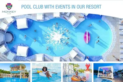 a collage of photos of a pool club with events in our resort at Beach Front Apartments by Playa Palmera in Punta Cana