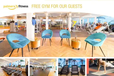 a collage of photos of a gym with blue chairs at Beach Front Apartments by Playa Palmera in Punta Cana