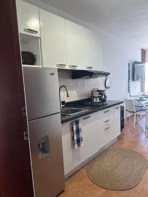 a kitchen with a stainless steel refrigerator and a sink at Apartamento ll Vista al Mar Albatros BY JU Juan Dolio in Juan Dolio