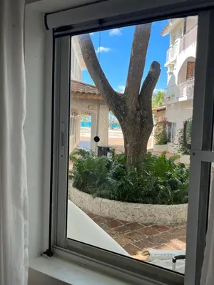 a window view of a tree outside a building at Bayahibe Cadaques Caribe Apartment in Bayahibe