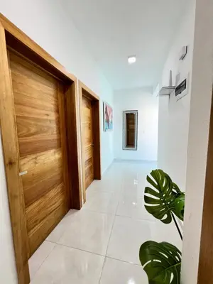 a hallway with a wooden door and a plant at Villa Angel in San Felipe de Puerto Plata