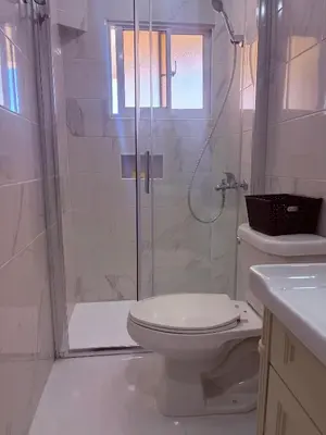 a white bathroom with a shower and a toilet at Bello y acogedor Apartamento in Santiago de los Caballeros
