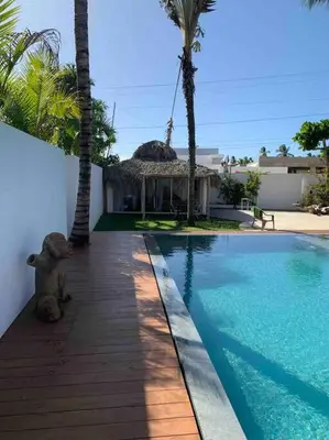 a house with a swimming pool and a house with palm trees at EL Cielo de Cana in Las Terrenas