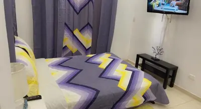 a bedroom with a bed with a purple and yellow comforter at Fantástico y pequeño estudio in Santiago de los Caballeros