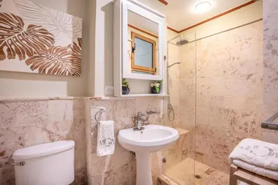 a bathroom with a sink and a toilet and a shower at Magical apartment with garden view in Casa de Campo in El Infiernito