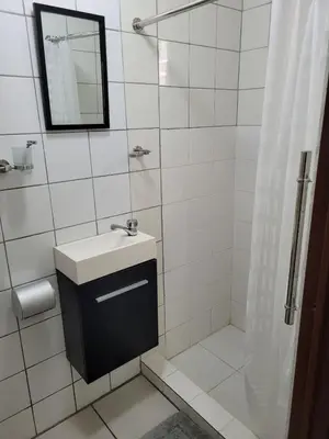 a white bathroom with a sink and a shower at Cozy Apartment Studio in Santo Domingo