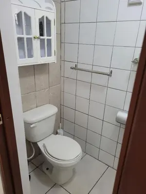 a small bathroom with a toilet and a cabinet at Cozy Apartment Studio in Santo Domingo
