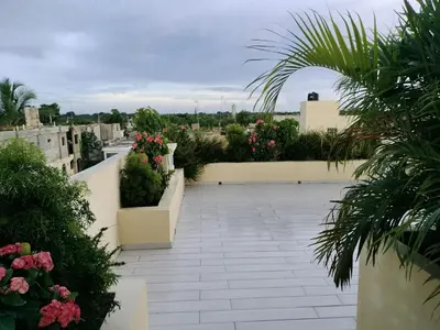 a view of a patio with flowers and plants at Agréable appartement en rooftop in La Cabirma