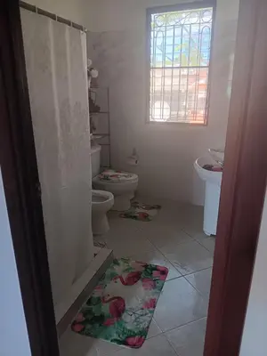 a bathroom with a toilet and a rug on the floor at Residenzia Oasis Fiordaliza in El Higo
