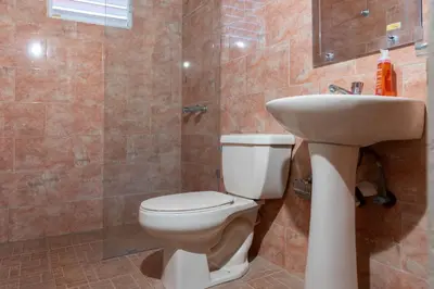 a bathroom with a toilet and a sink and a shower at Casa Palmar in Palmar Arriba