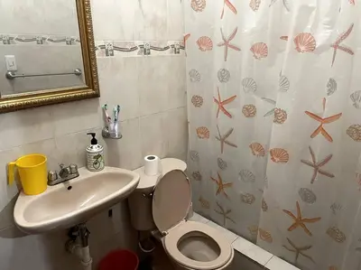 a bathroom with a sink and a toilet and a mirror at Casa Palmar - Finca in Palmar Arriba
