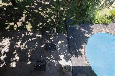 an overhead view of a swimming pool with a palm tree at Casa Palmar - Finca in Palmar Arriba