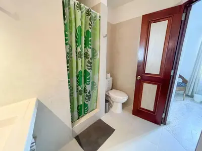 a bathroom with a toilet and a shower curtain at Charming oceanside 2 bd villa in Cabarete