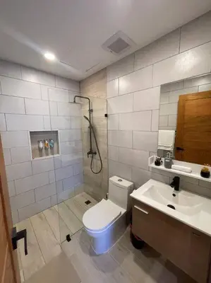 a bathroom with a toilet and a sink and a shower at Departamento de lujo en Santo Domingo in Santo Domingo