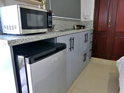 a kitchen with a microwave and a refrigerator at Villa Olga Studio in Rincón Largo