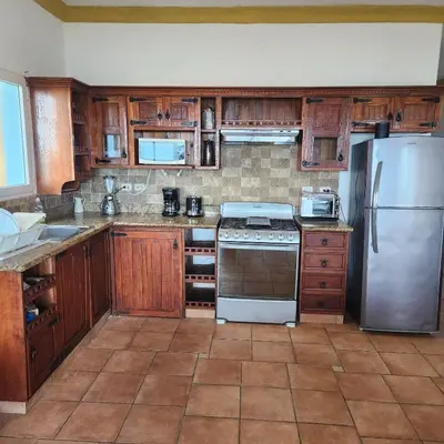 a kitchen with wooden cabinets and a stainless steel refrigerator at Bluefish Condo, Ocean Front, Sunrises, Pool, Hot Tub, Under New Management in Sosúa
