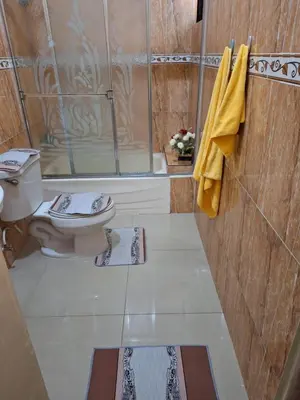 a bathroom with a toilet and a shower and towels at Casa Rural con Piscina in Azua de Compostela