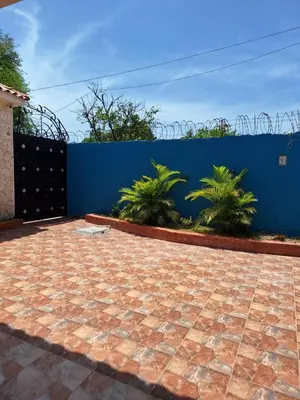 a brick patio with a blue fence and palm trees at Casa Rural con Piscina in Azua de Compostela