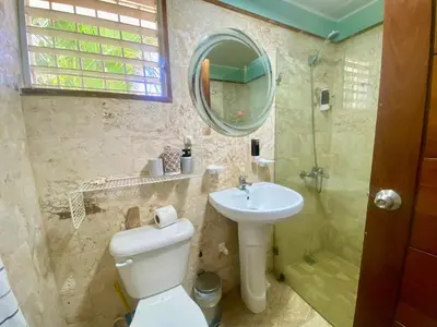 a bathroom with a toilet and a sink and a shower at The Perfect Place for Holiday in los Corales RD in Punta Cana