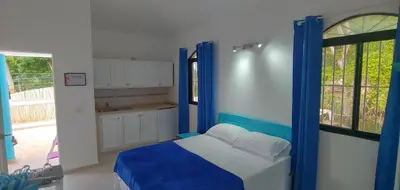 a bedroom with a blue and white bed and a kitchen at Charmant appartement cuisine 1 chambre AC Bonita in El Hoyo del Cacao