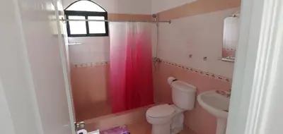 a bathroom with a pink shower curtain and a toilet at Charmant appartement cuisine 1 chambre AC Bonita in El Hoyo del Cacao